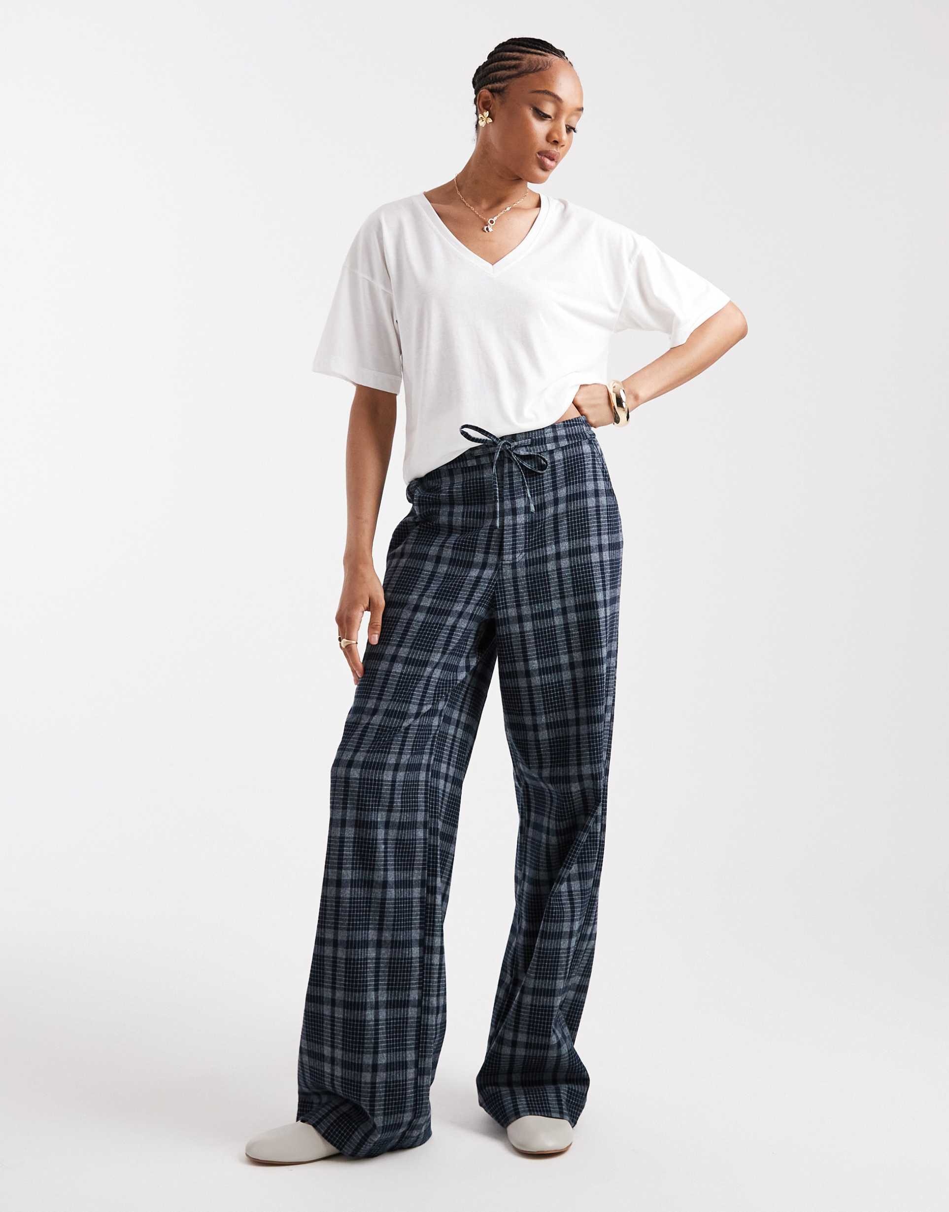 asos design tall wide leg tie waist pants in brushed navy check