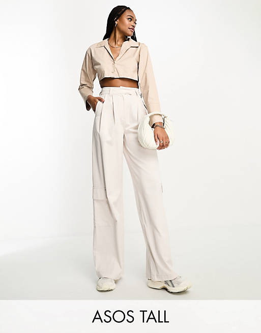 ASOS DESIGN Tall wide leg trouser with patch pockets in ecru | ASOS