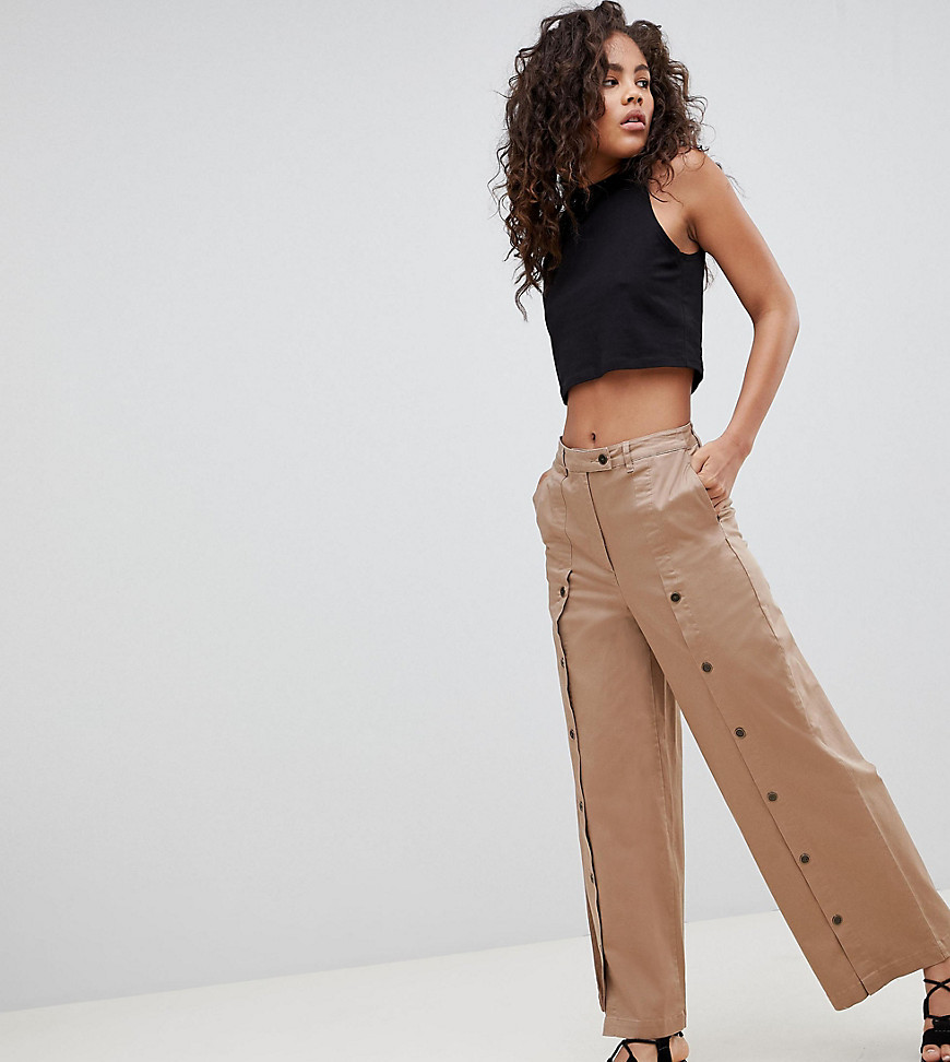 ASOS DESIGN Tall wide leg trousers with button front-Brown