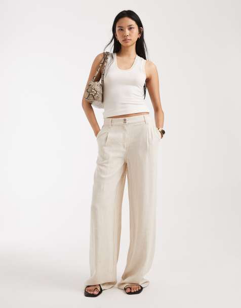 ASOS DESIGN Tall wide leg trousers with pleat detail in linen blend in natural