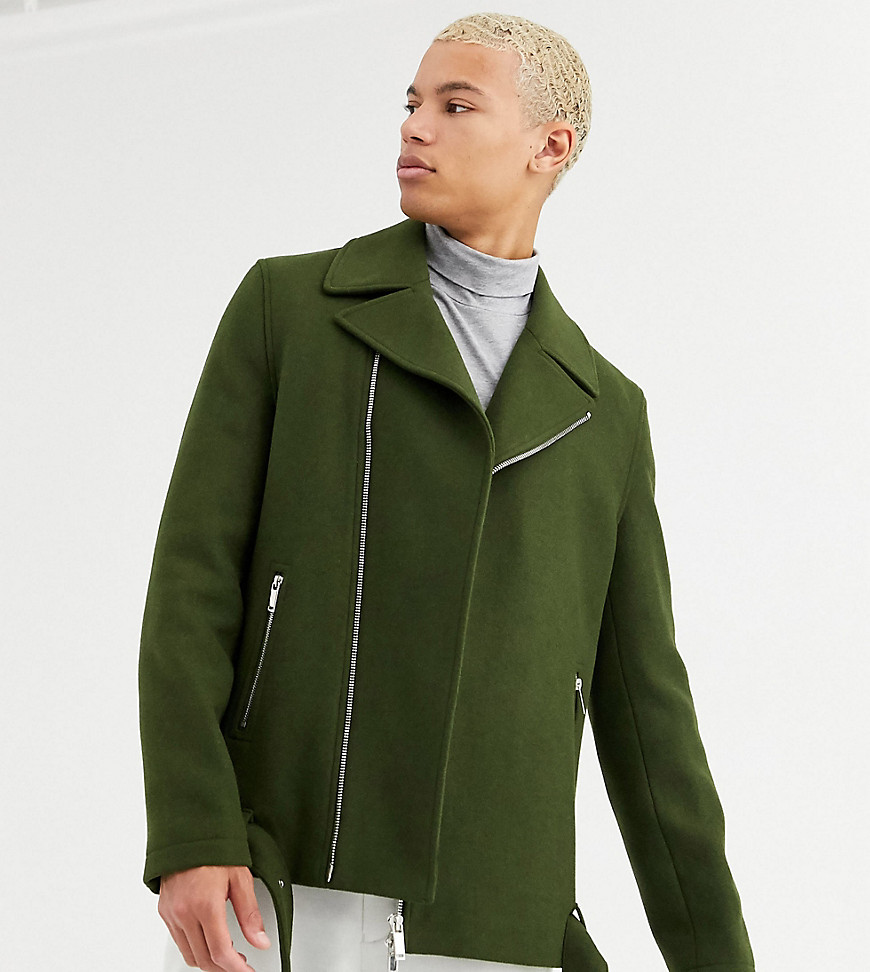 ASOS DESIGN Tall wool mix belted biker jacket in khaki-Green