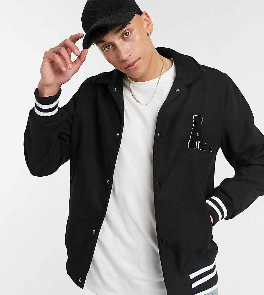 ASOS DESIGN Tall wool mix varsity bomber jacket with badges in black