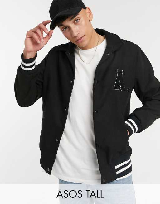 ASOS Wool Mix Varsity Jacket with Leather Sleeves in Black