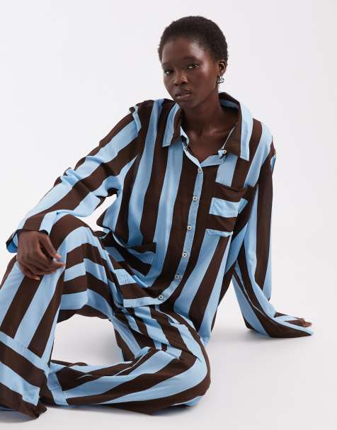 ASOS DESIGN Tall woven modal long sleeve pyjama set in blue stripe - view 1