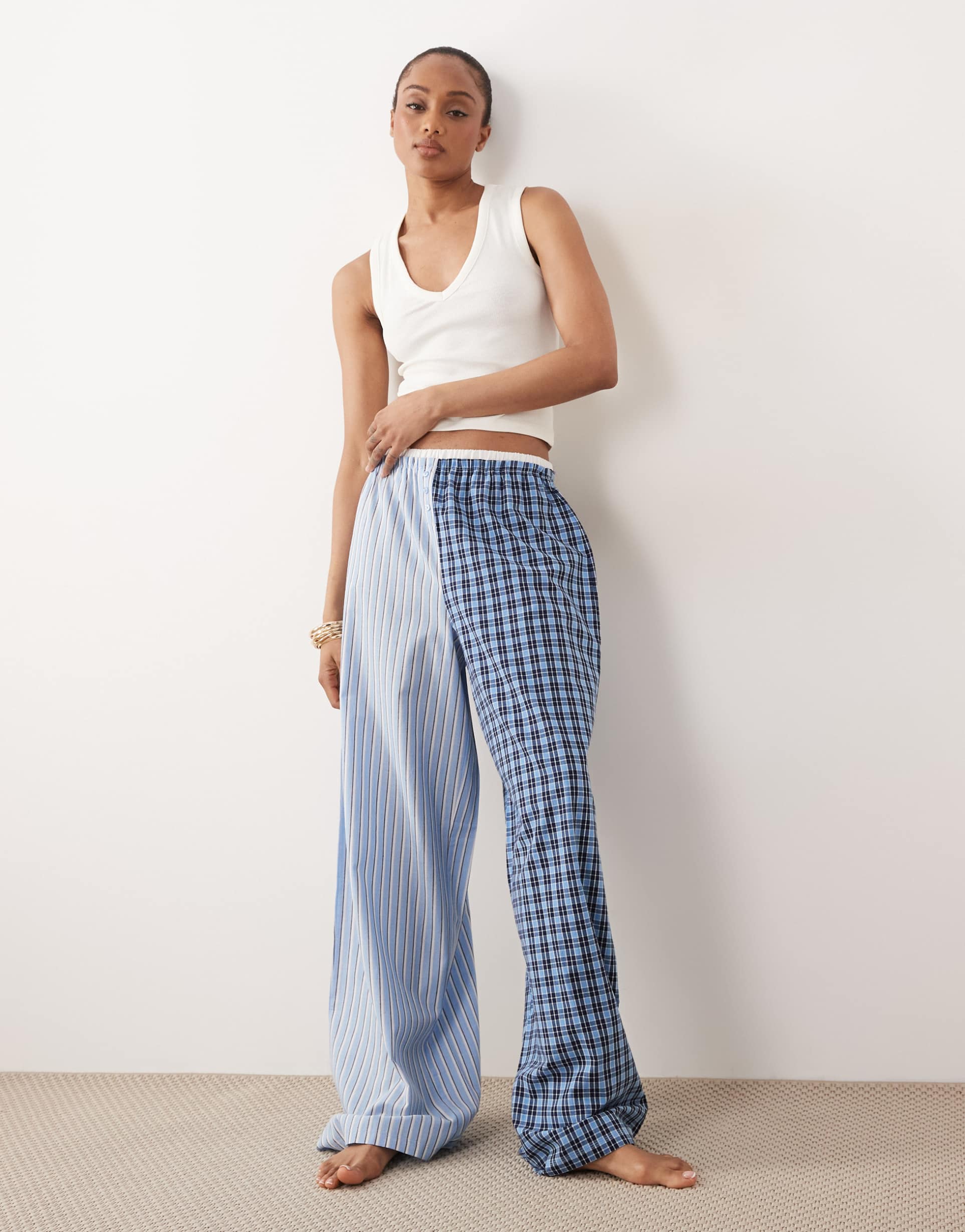 asos design tall woven spliced pajama pants with double waistband in blue stripe & check
