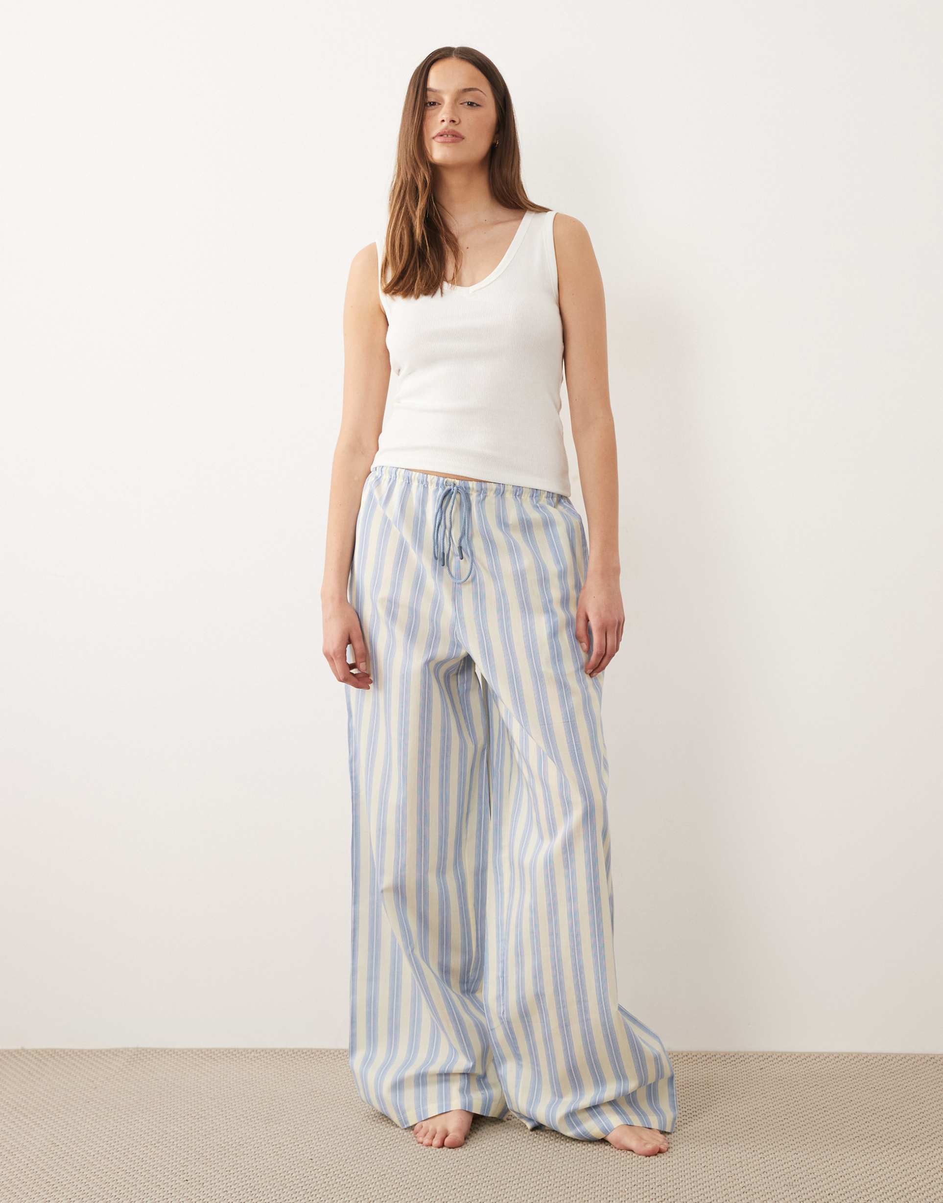 asos design tall woven stripe sleepwear pants in blue & lemon