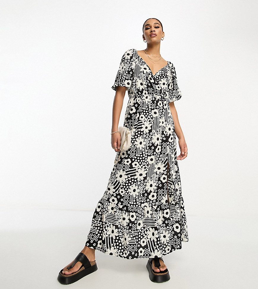 Asos Tall Asos Design Tall Wrap Bodice Button Up Skirt With Pep Hem Midi Dress In Monochrome Floral-multi