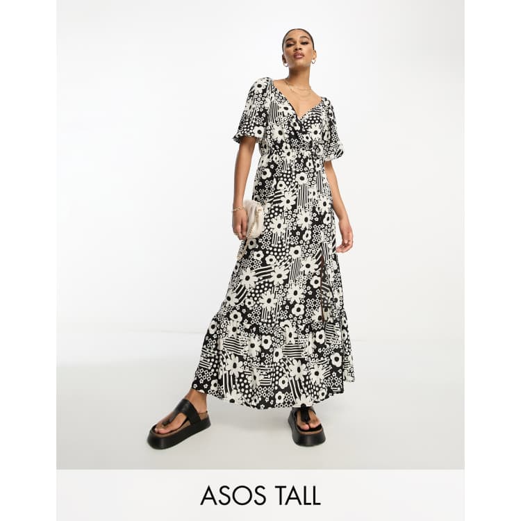 ASOS DESIGN Tall wrap bodice button up skirt with pep hem midi dress in monochrome floral ASOS