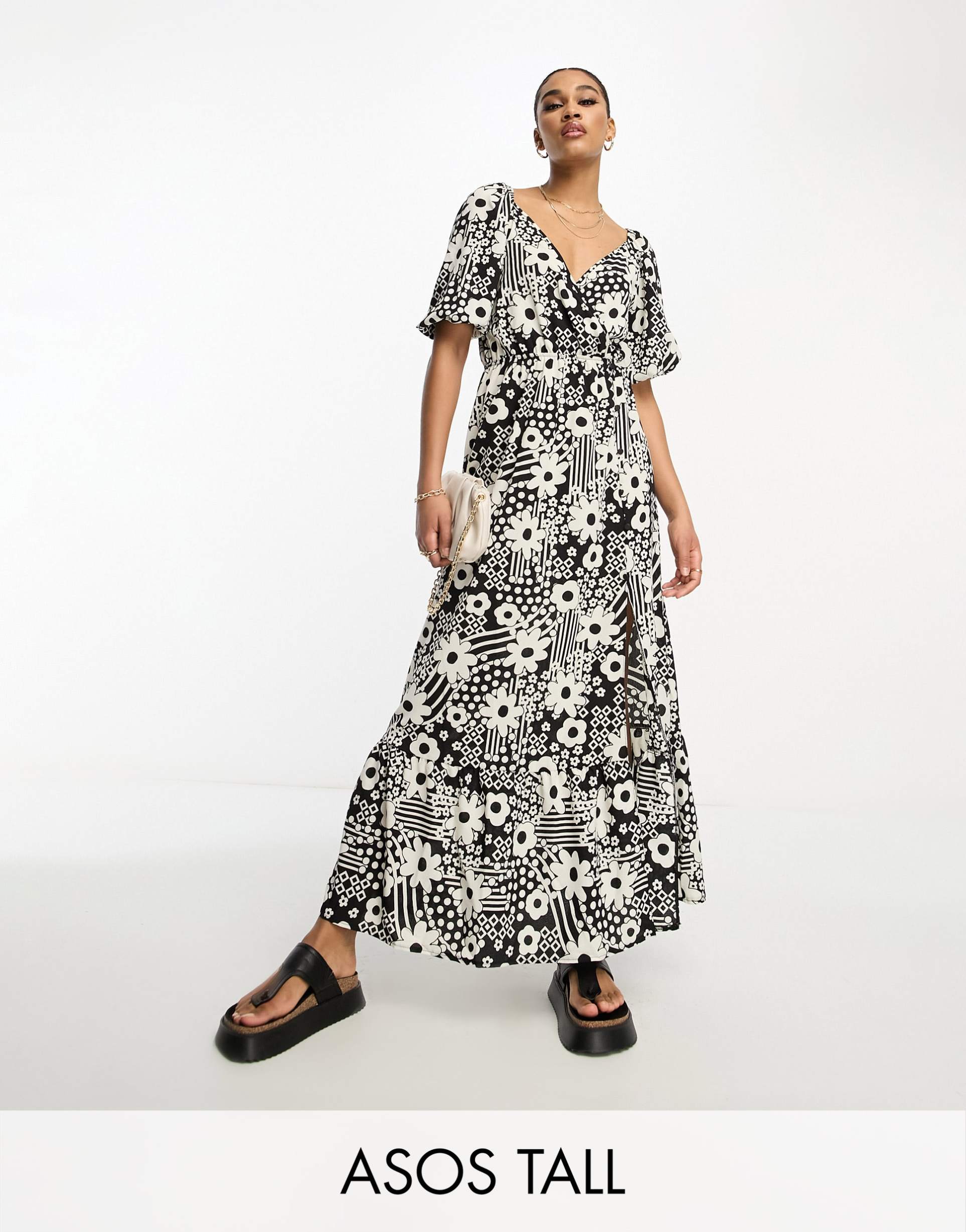 asos design tall wrap bodice button up skirt with pep hem midi dress in monochrome floral