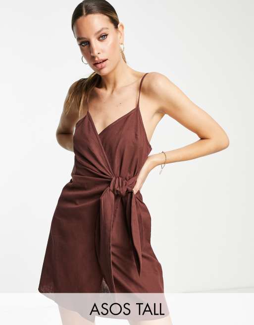 ASOS DESIGN Tall wrap cami tie side linen mini sundress in chocolate brown