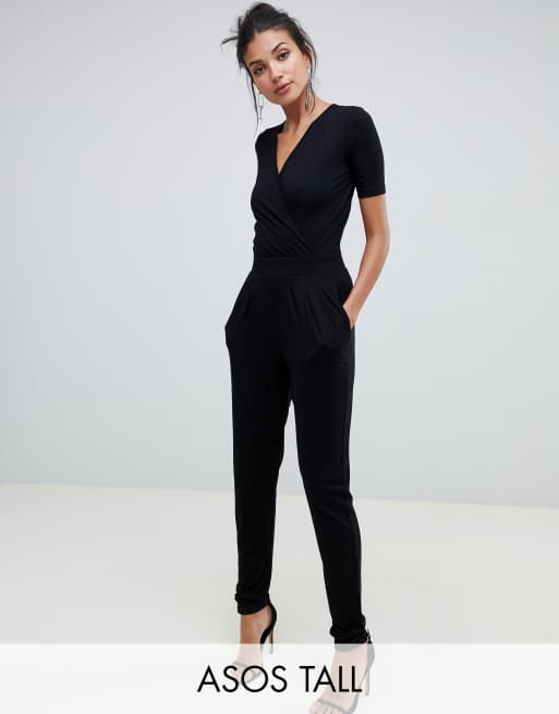 ASOS DESIGN tall wrap front jersey jumpsuit with short sleeve | ASOS