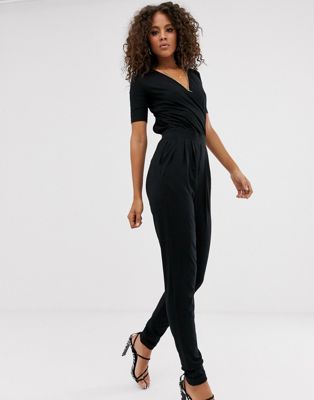 asos design wrap front jersey jumpsuit with short sleeve
