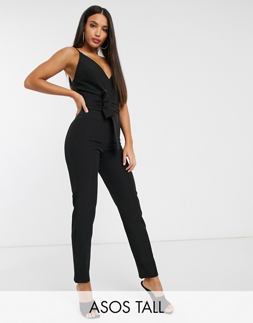 ASOS DESIGN tall wrap front jumpsuit with peg leg and self belt