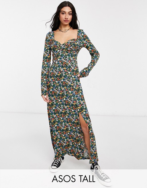 ASOS DESIGN Tall wrap front long sleeve split front maxi in bright ditsy floral print