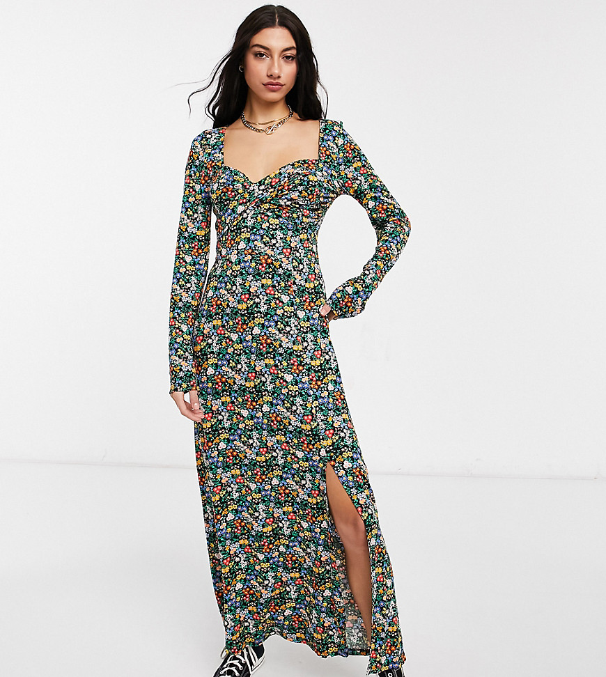 Asos Tall Asos Design Tall Wrap Front Long Sleeve Split Front Maxi In Bright Ditsy Floral Print-multi