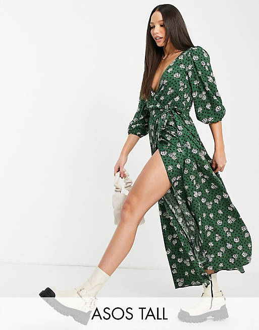 Women Tall wrap front midi dress in green floral and spot print 