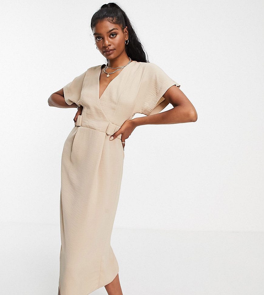 ASOS DESIGN Tall wrap front midi dress with elastic tabs in camel-Multi