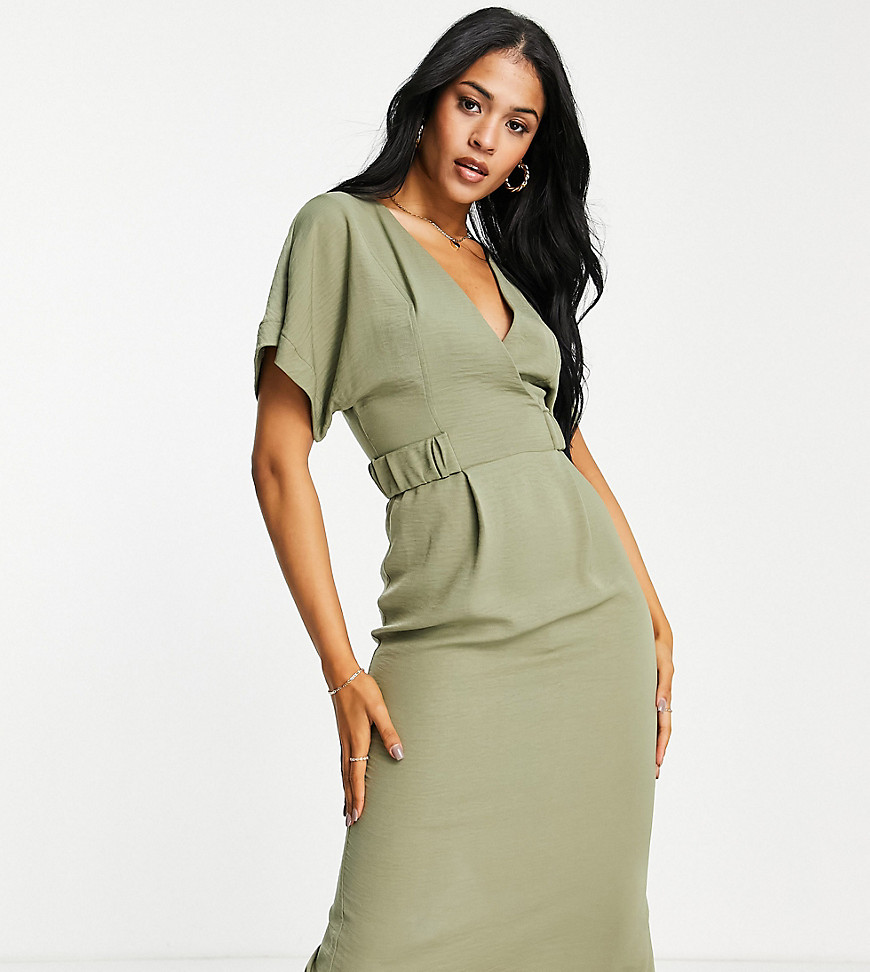 ASOS DESIGN Tall wrap front midi dress with elasticated tabs in khaki-Green