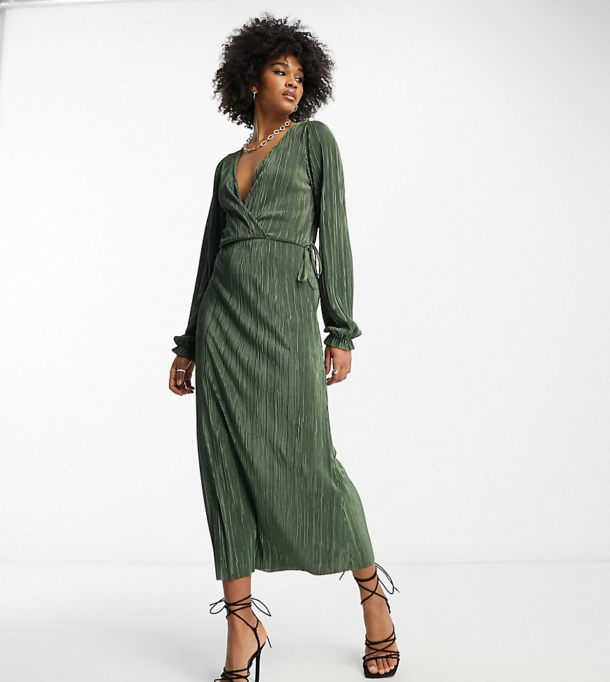ASOS DESIGN Tall wrap front side tie plisse midi dress in khaki-Green