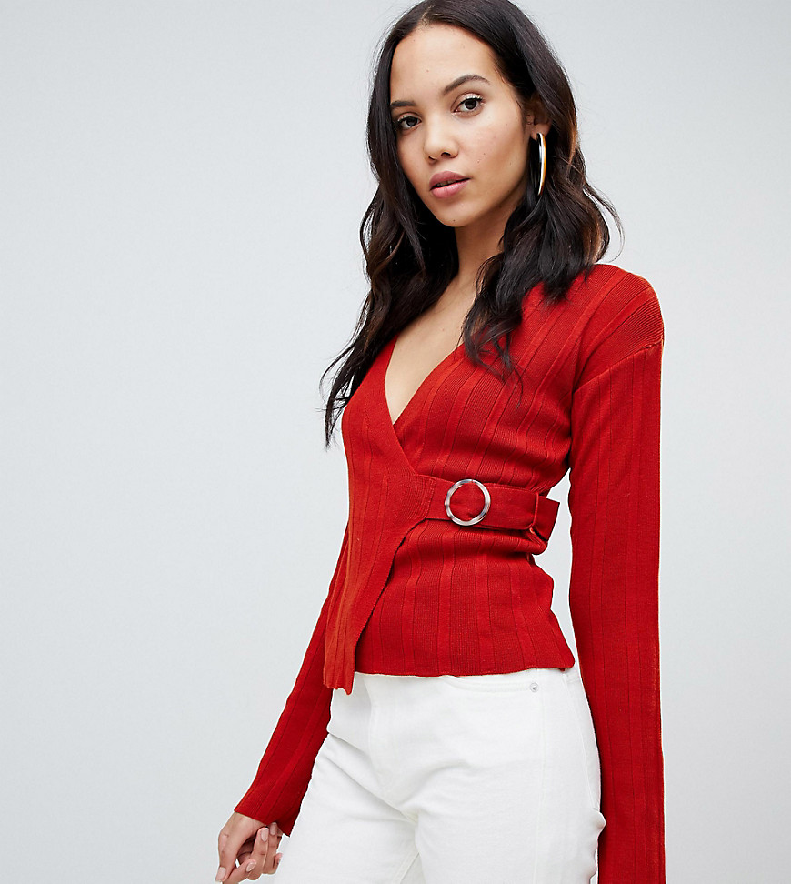 ASOS DESIGN Tall wrap jumper in rib with buckle detail-Red