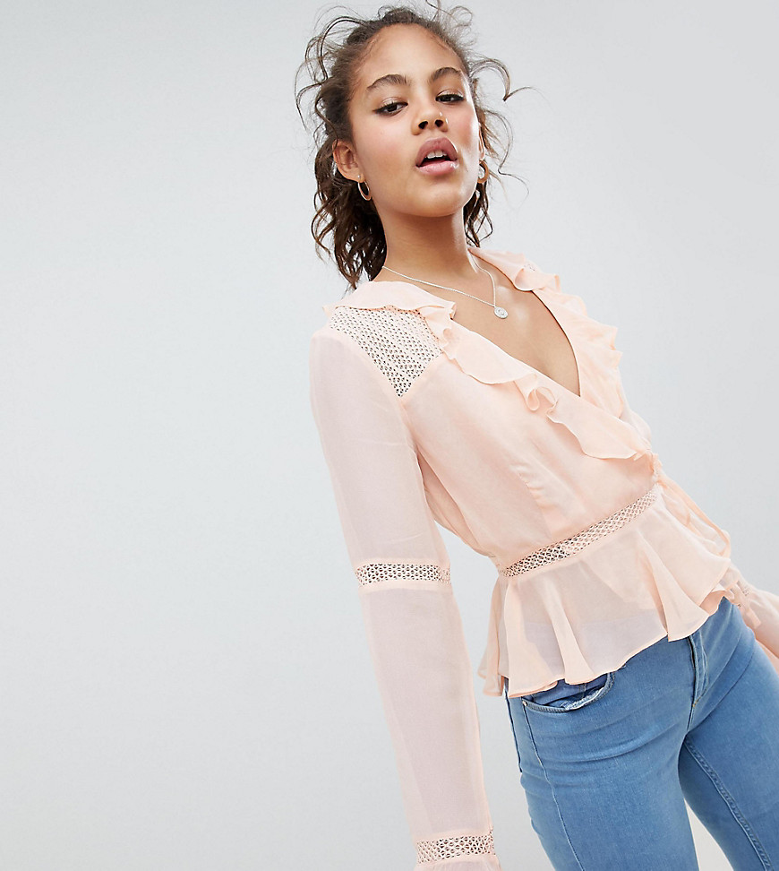ASOS DESIGN Tall wrap long sleeve top with ruffle and lace insert in pink