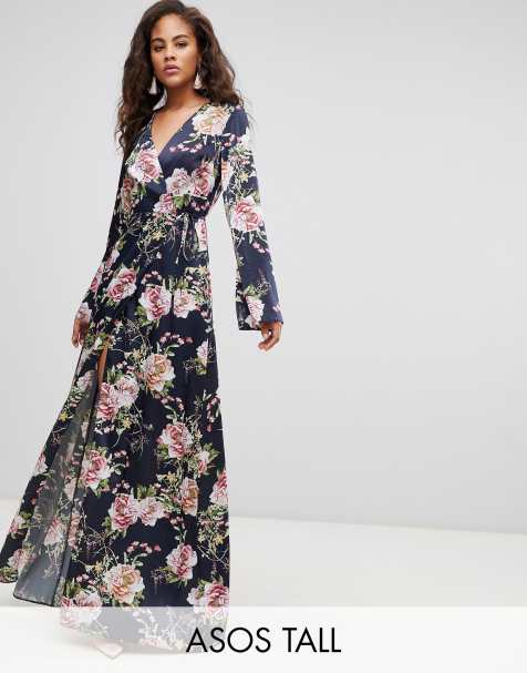 ASOS DESIGN Tall wrap maxi with long sleeve in navy floral print