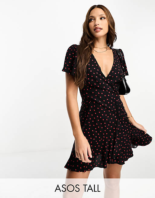 ASOS DESIGN Tall wrap mini tea dress with buttons in black heart print ...