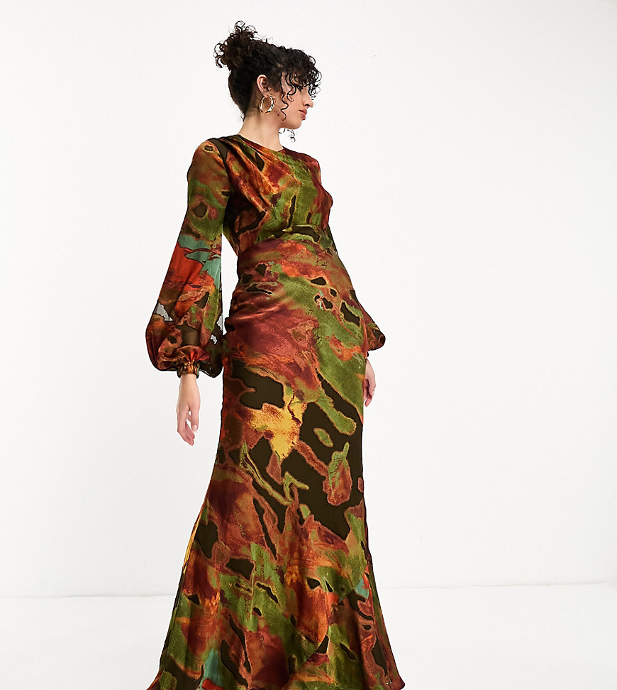 ASOS DESIGN Tall wrap neck long sleeve maxi dress in burnout print-Multi