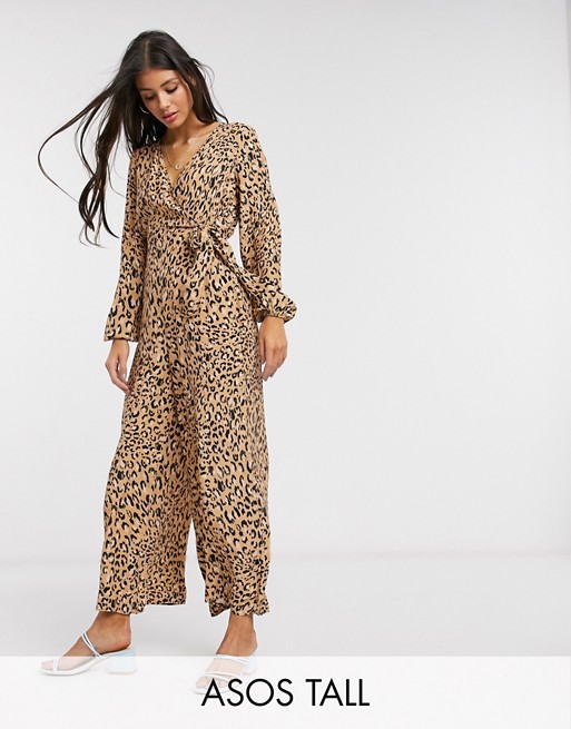ASOS DESIGN tall wrap tie jumpsuit in leopard print