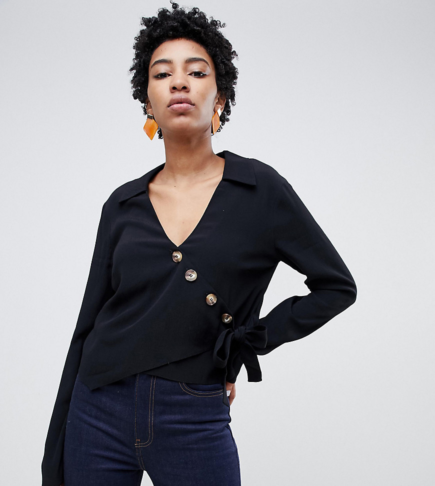 ASOS DESIGN Tall wrap top with asymmetric button detail and long sleeves-Black