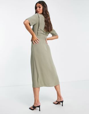 ASOS DESIGN Tall wrap tux midi dress with shoulder pads in khaki | ASOS