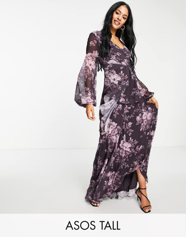 ASOS DESIGN Tall wrap waist midi dress with double layer skirt in vintage floral