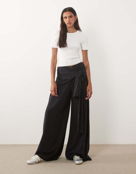 ASOS DESIGN Tall wrapover detail wide leg pants in black - view 1