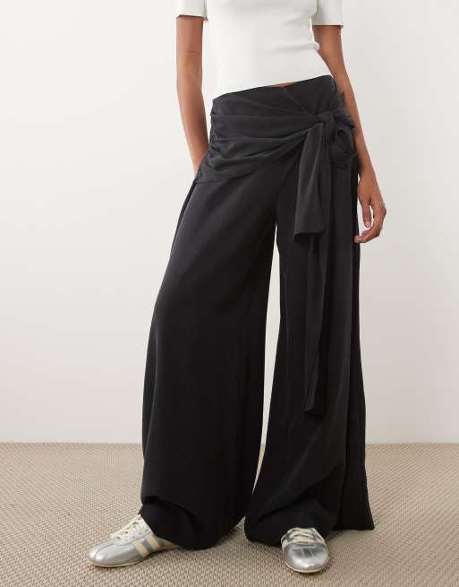 ASOS DESIGN Tall wrapover detail wide leg pants in black, 2 of 5