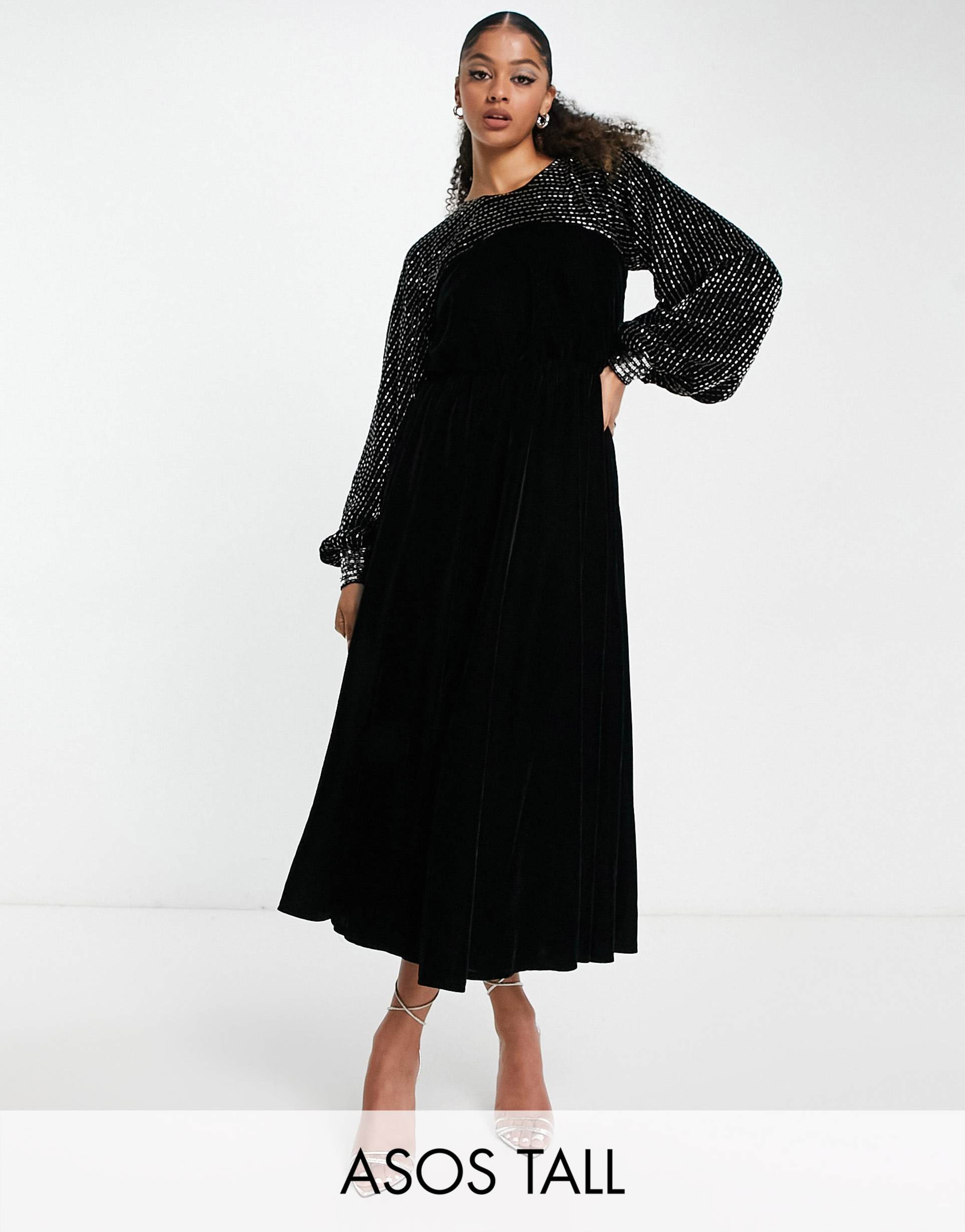 asos design tall yoke embellished detail midi dress in black velvet