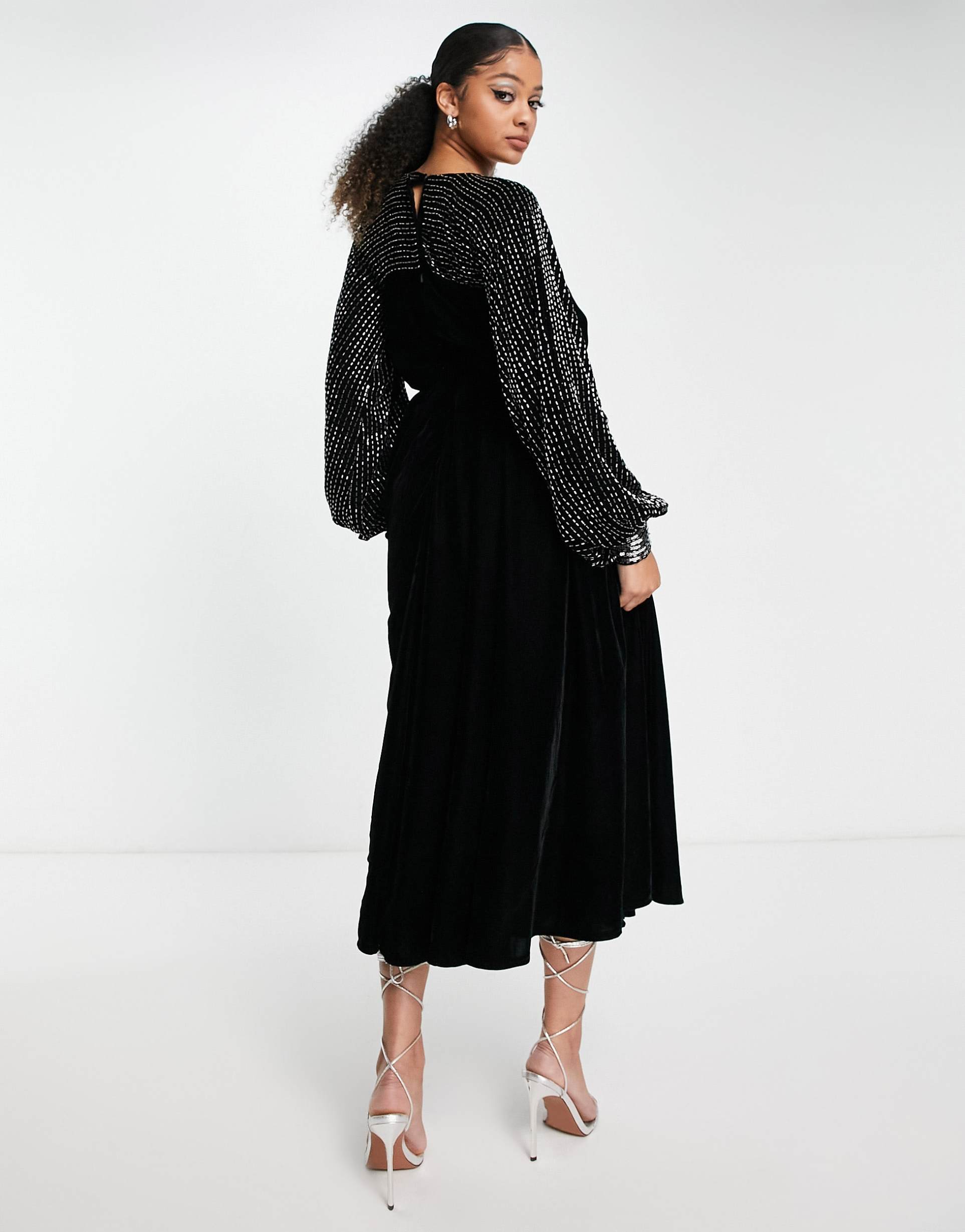 asos design tall yoke embellished detail midi dress in black velvet