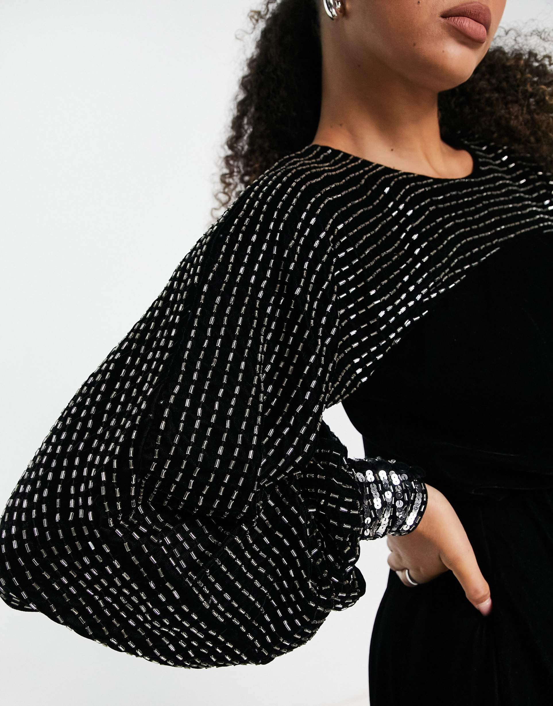 asos design tall yoke embellished detail midi dress in black velvet