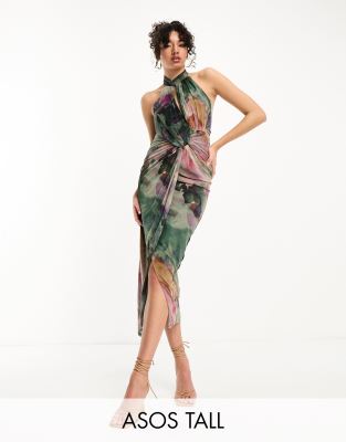 ASOS DESIGN Tall – Zielona siateczkowa sukienka midi typu bodycon z dekoltem halter w kwiatowy wzór