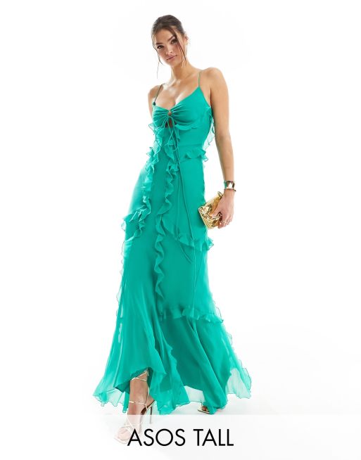 ASOS DESIGN Tall – Zielona sukienka maxi z wycięciem, dekoltem halter i falbankami