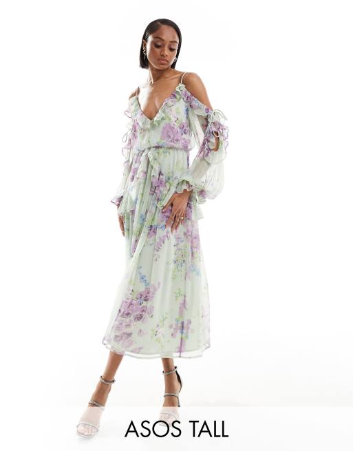 ASOS DESIGN Tall – Zielona sukienka midi z odkrytymi ramionami i falbanką w kwiatowy wzór