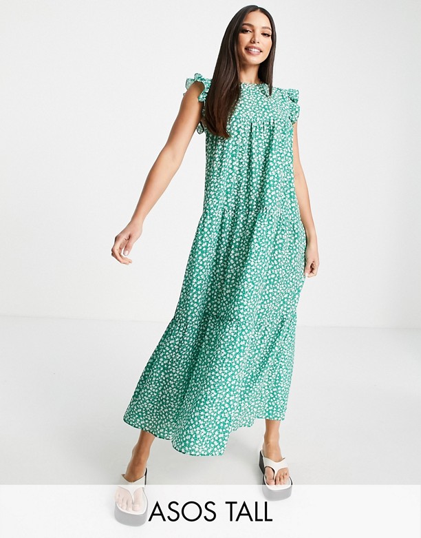  Klasyczny ASOS DESIGN Tall – Zielona warstwowa sukienka midi bez rękawÓw i z falbankami w kwiaty Green floral print