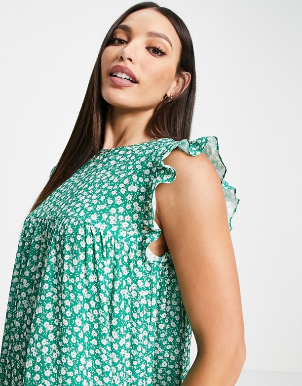  Klasyczny ASOS DESIGN Tall – Zielona warstwowa sukienka midi bez rękawÓw i z falbankami w kwiaty Green floral print