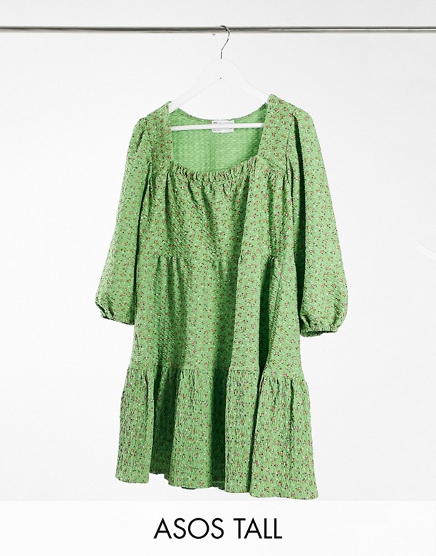  Hiper ASOS DESIGN Tall – Zielona warstwowa sukienka mini z kwadratowym dekoltem i wzorem w kwiaty Zielona z kwiatowym nadrukiem