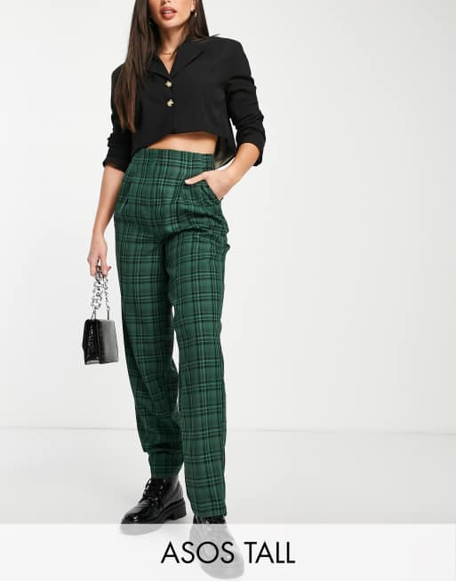 ASOS DESIGN Tall – Zielone luźne spodnie mom fit w kratę