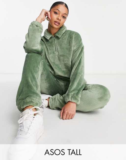 ASOS DESIGN Tall – Zielony bardzo miękki zestaw domowy z polaru: bluza zapinana na zamek i joggersy