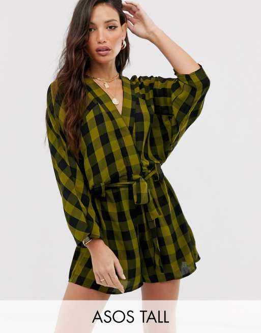 ASOS DESIGN – Tall – Zielony kombinezon w kratę o bardzo luźnym kroju, wiązany w pasie i z ozdobnym szwem