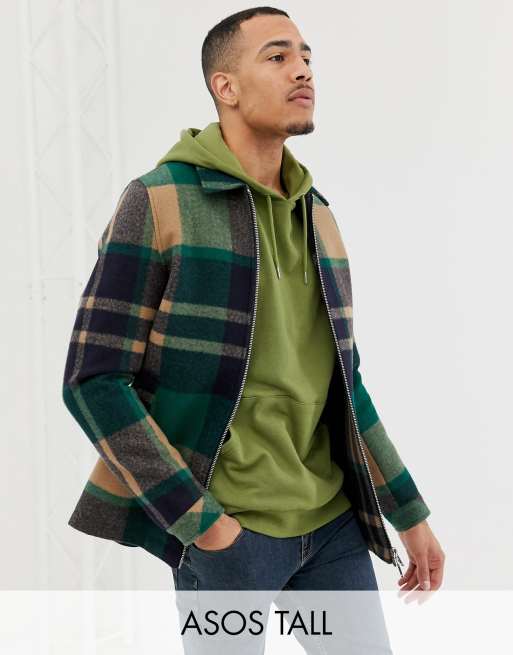 ASOS DESIGN Tall zip through jacket in green check