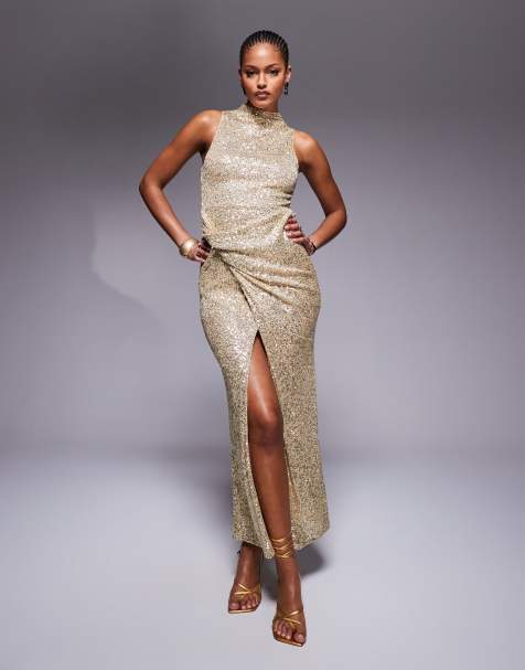 ASOS DESIGN Tall sequin high neck midi dress with twisted cowl skirt detail in gold
