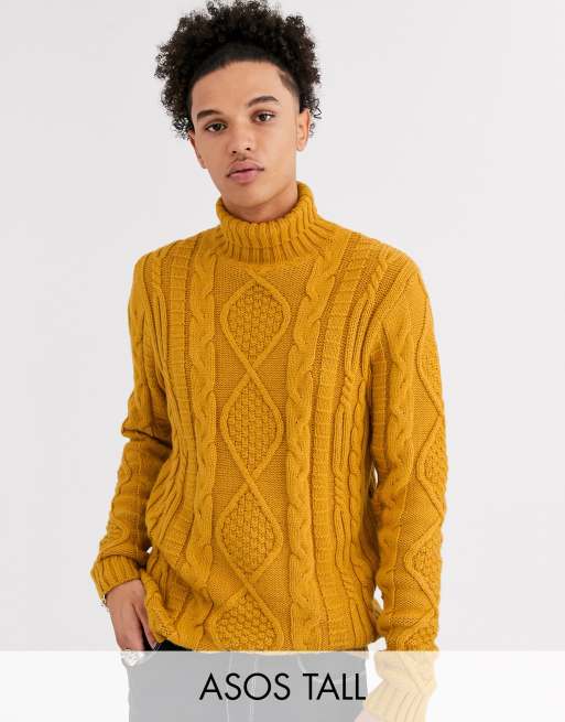 ASOS DESIGN - Tall - Zware kabeltrui in mosterdgroen