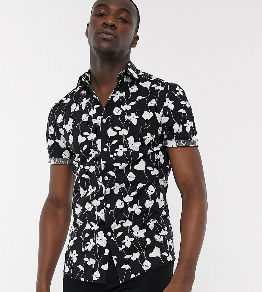 ASOS DESIGN Tall - Zwart skinny T-shirt met stretch en witte bloemenprint